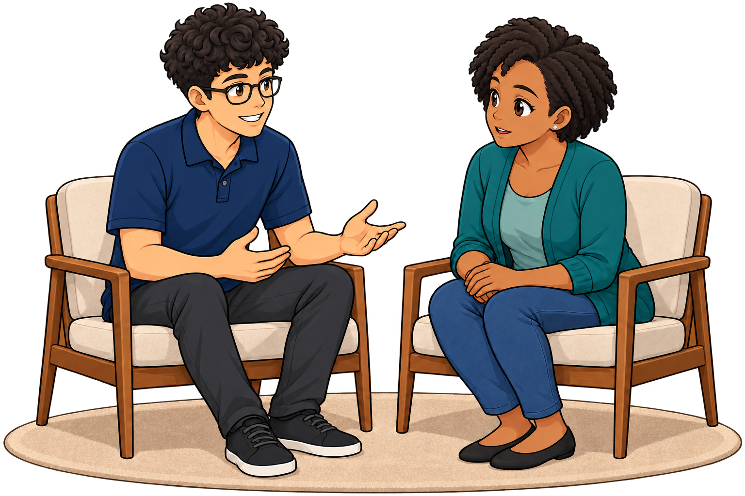 Original-style cartoon Thomas listening in a supportive conversation with an adult client
