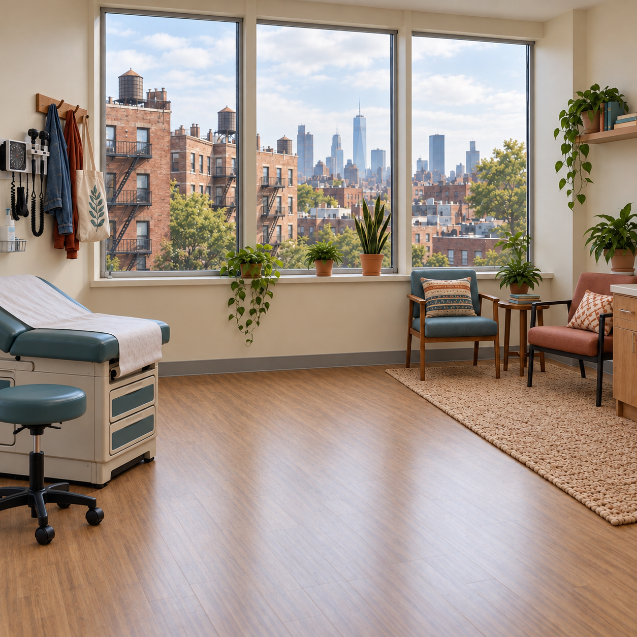 Warm future office with examination chair, rolling stool, two conversation chairs, and views of brick apartments, fire escapes, water tanks and the NYC skyline