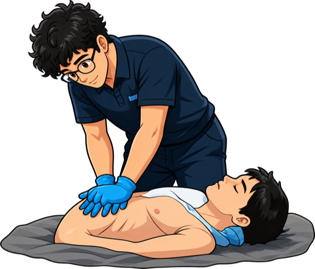 Cartoon instructor performing chest compressions