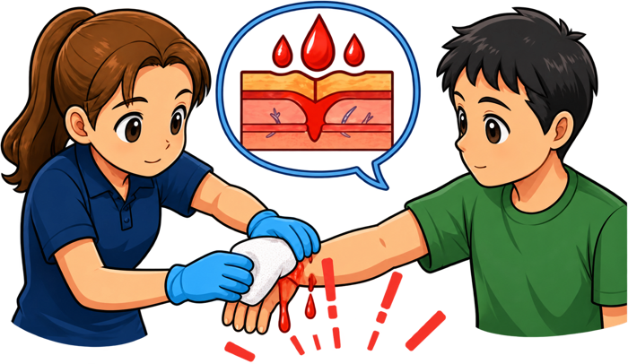 Cartoon instructor applying pressure to a bleeding arm