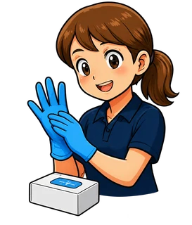 Original cartoon instructor putting on protective gloves